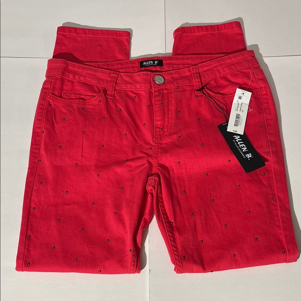 Allen B. By Allen Schwartz Bright Red Studded Skinny Jeans 12 Tomato Puree NEW!